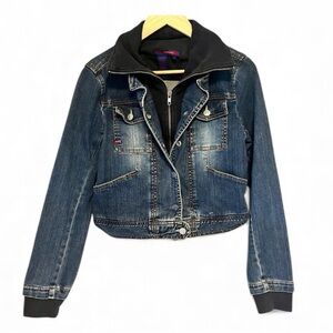 BCBGMaxAzria Blue Denim Jacket with Black sweatshirt collar